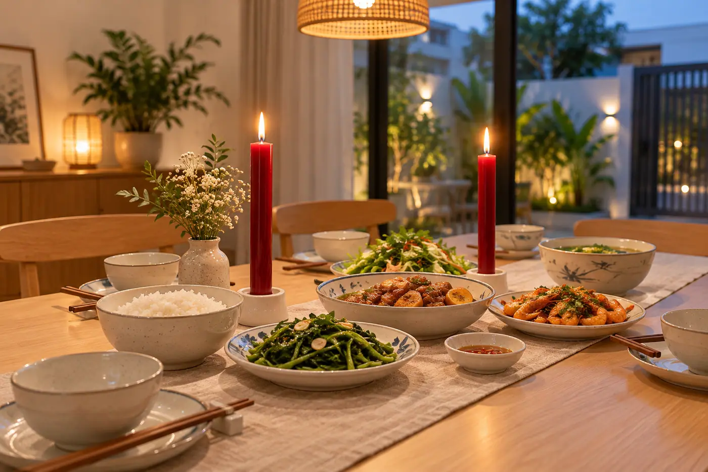 Bàn cơm gia đình lúc chiều tối với hai cây nến đỏ trơn đang cháy