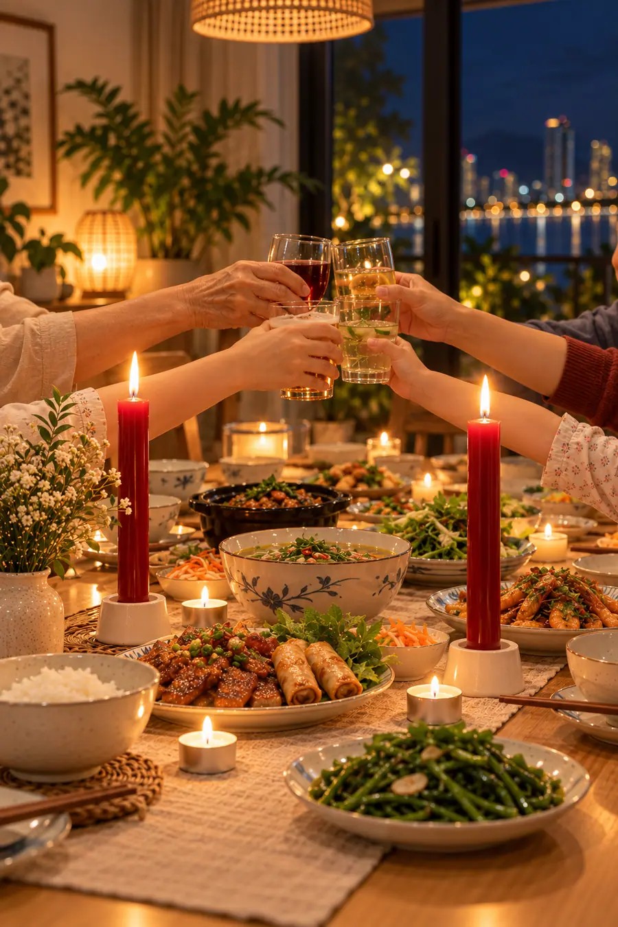Cả nhà nâng ly bên mâm cơm, nến truyền thống màu đỏ và nến tealight thắp dọc bàn