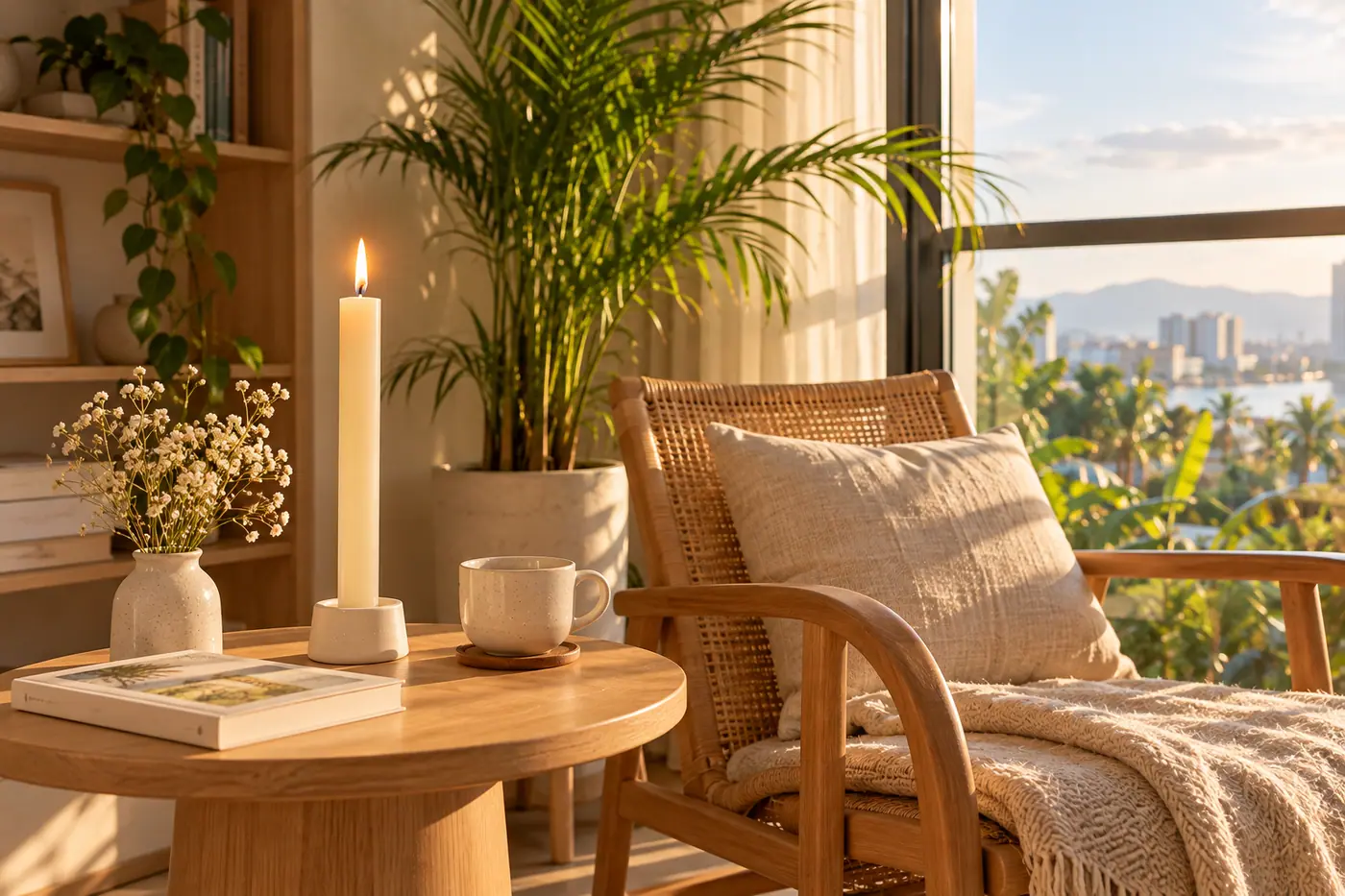 Cây nến trắng trơn cháy trên bàn gỗ cạnh ghế mây và cửa sổ lớn