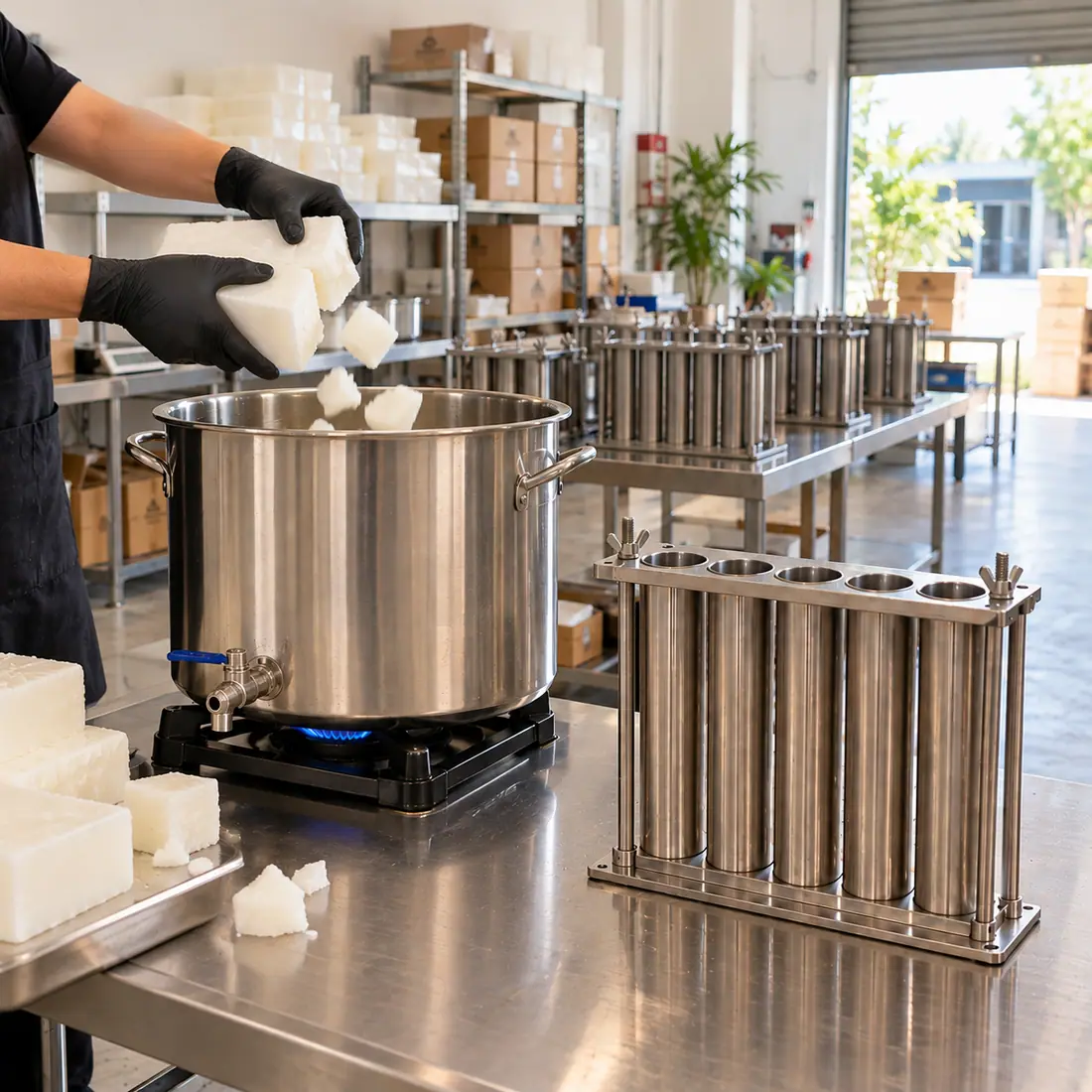 Tay đeo găng bẻ khối sáp trắng thả vào nồi nấu sáp inox trong xưởng